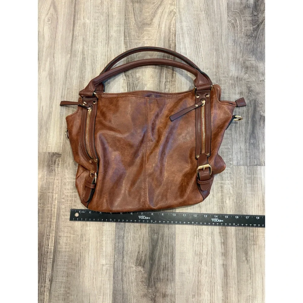 Distressed Cognac Brown Vegan Leather Slouchy Hobo Shoulder Bag Gold Zips‎